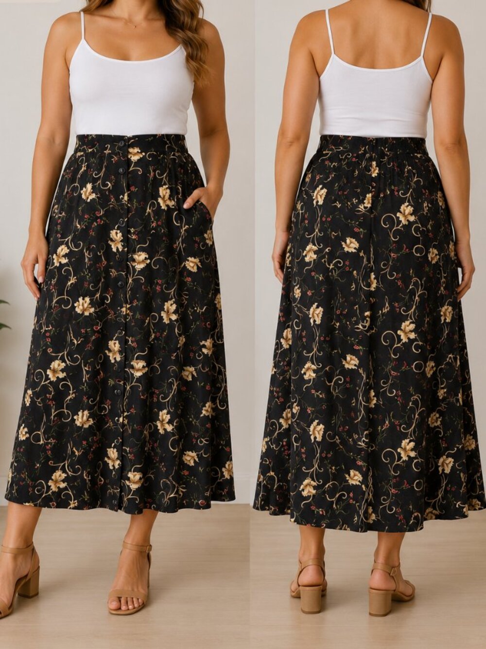 Expressions Floral Button Front Midi Skirt Cottagecore Vintage Grunge Size Large